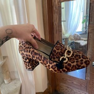Animal print square heal loafer style with gold buckle